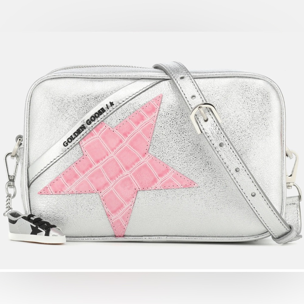 GOLDEN GOOSE Star Crossbody Bag in Silver Leather with Pink Star